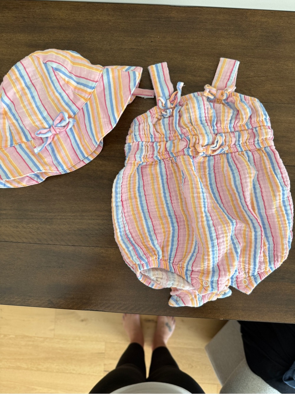 Jessica Simpson striped Pastel Baby Romper & Sun Hat - Pink, Yellow, Blue